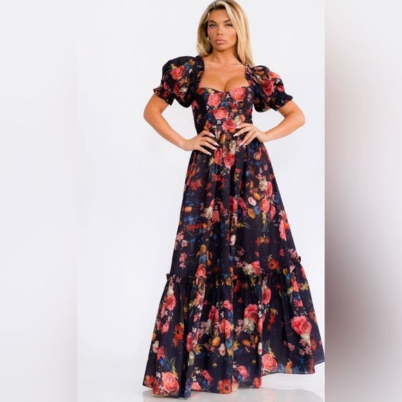 Women's Floral Puff Sleeve Maxi Dress Multicolor S,M,L - Picture 1 of 9